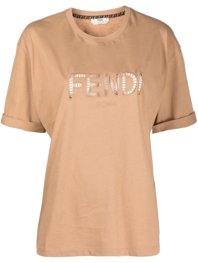 Fendi Cotton T-shirt With Embroidered Logo In Neutrals