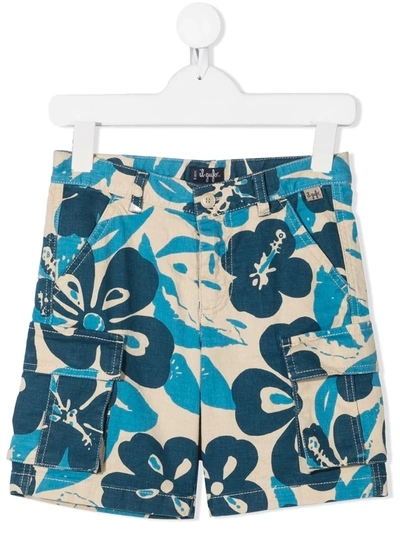 Il Gufo Kids' Mid-rise Floral Print Cargo Shorts In Blue