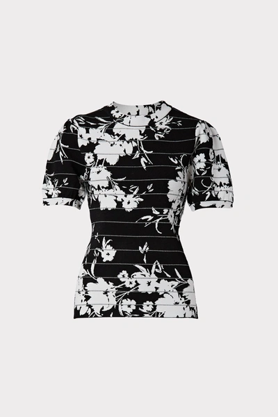 Milly Floral Silhouette Short Sleeve Sweater In Black/white