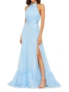 Mac Duggal High Neck Tiered Chiffon Halter Gown In Sky Blue