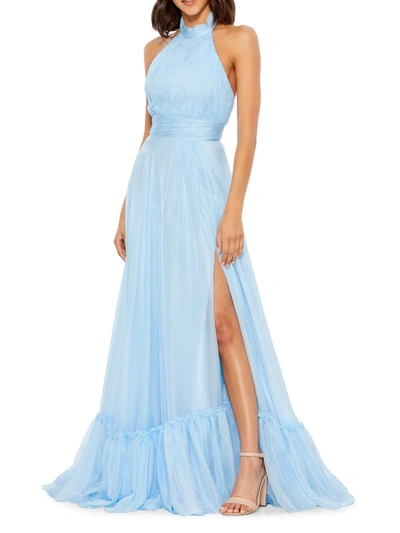Mac Duggal High Neck Tiered Chiffon Halter Gown In Sky Blue