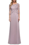 La Femme Boat Neckline And Lace Detailing Jersey Gown In Light Mauve