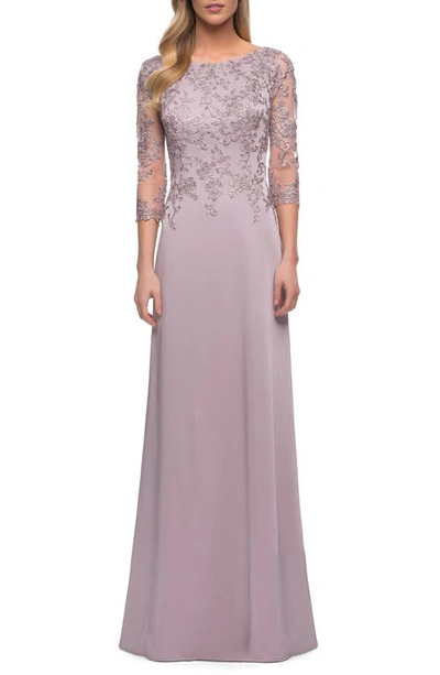 La Femme Boat Neckline And Lace Detailing Jersey Gown In Pink