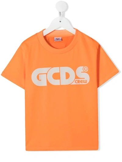 Gcds Kids' Logo Print Crewneck T-shirt In Orange