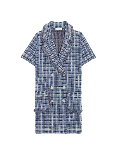 Sandro Ludivine Double-breasted Checked Cotton-blend Bouclé-tweed Mini Dress In Blue