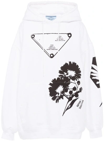 Prada Graphic-print Drawstring Hoodie In White Black Print