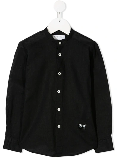 Paolo Pecora Teen Collarless Linen Shirt In Black