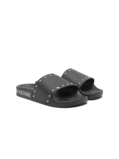 Zadig & Voltaire Kids' Faux Leather Slide Sandals W/ Studs In Black