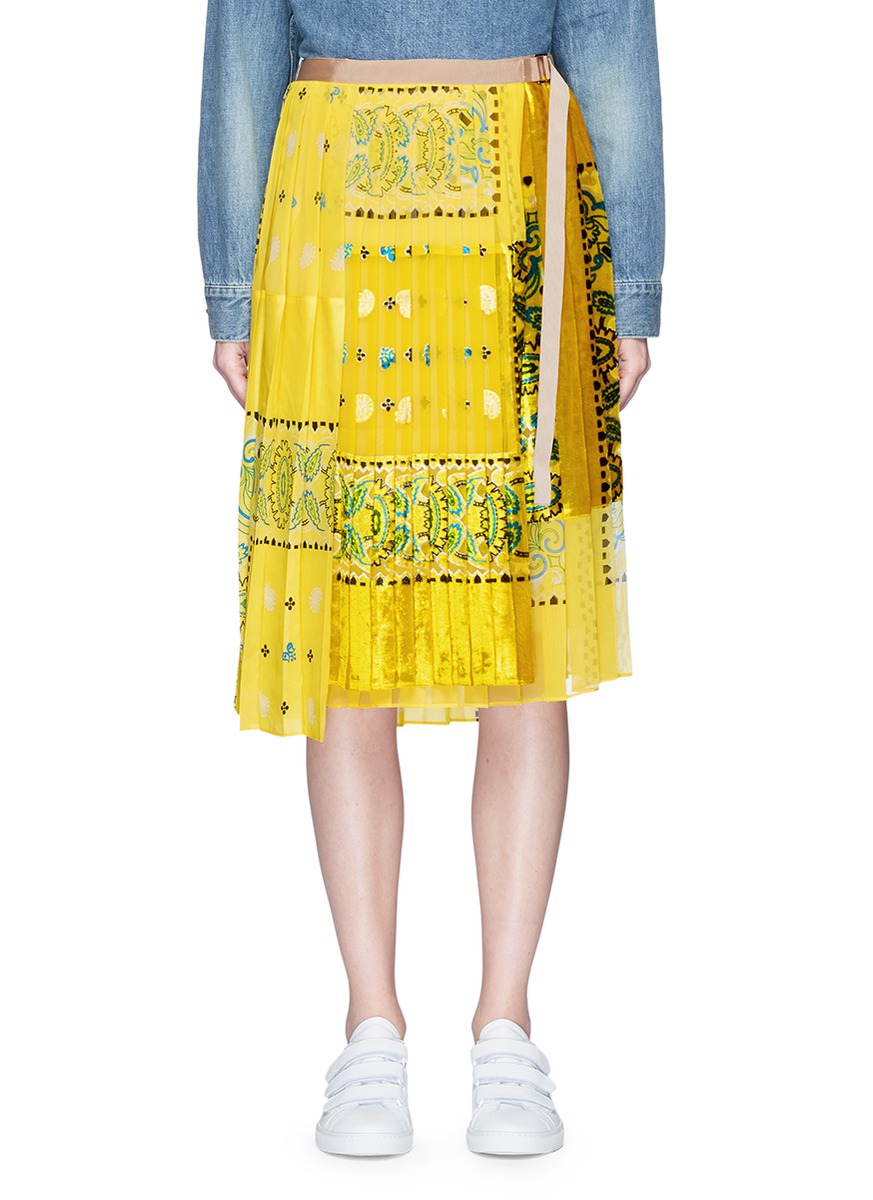 Sacai Bandana Print Pleated Velvet And Chiffon Wrap Skirt | ModeSens