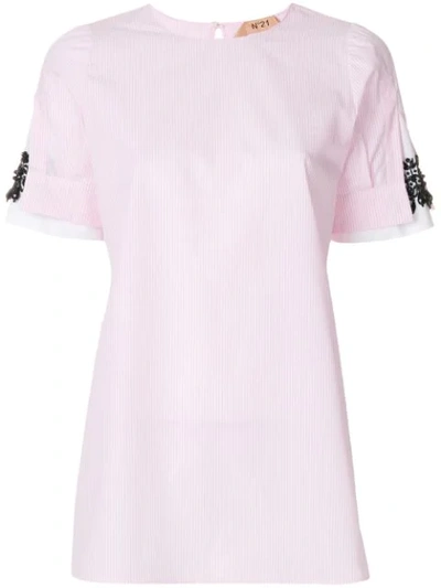 N°21 Nayeli Striped Poplin Blouse W/ Embellished Sleeves In Pink