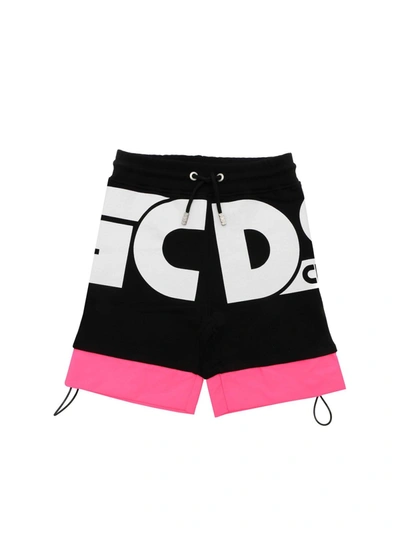 Gcds Kids' Maxi Logo Shorts In Black And Fuchsia