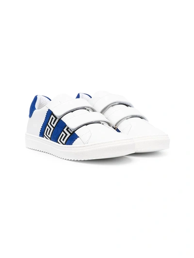 Versace Teen Logo-print Sneakers In White/ Blue/ Gold