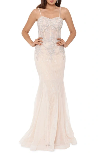 Xscape Crystal Beaded Embroidered Lace Mermaid Gown In Blush/ Silver