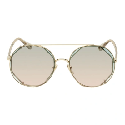 Chloé 57mm Octagonal Sunglasses With Clip-on Aviator Lenses In Gold/green Gradient