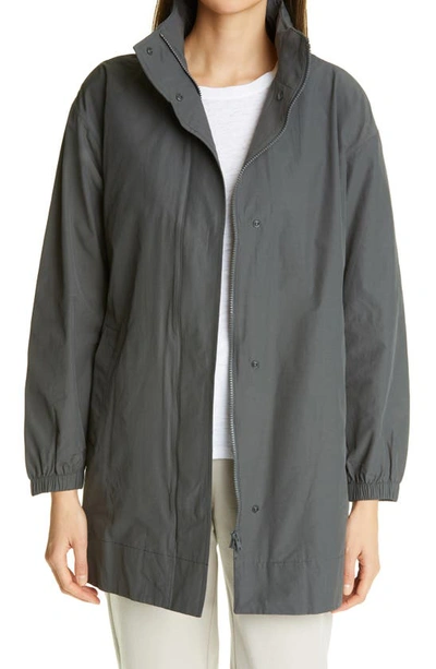 Eileen Fisher Stand Collar Hidden Hood Organic Cotton Blend Coat In Slate