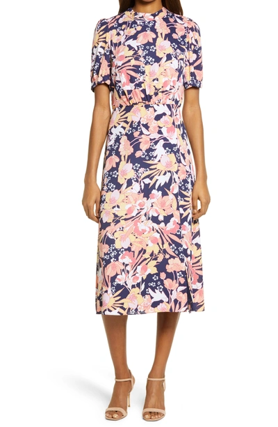 Julia Jordan Floral Puff Sleeve Midi Dress In Navy Multi