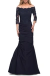 La Femme Gathered Lace Mermaid Gown With Jersey Skirt In Navy