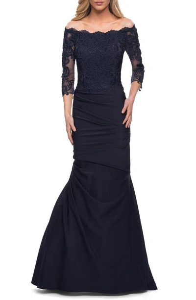 La Femme Gathered Lace Mermaid Gown With Jersey Skirt In Blue
