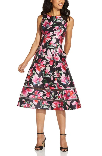Adrianna Papell Floral Mikado Cocktail Dress In Black/ Pink