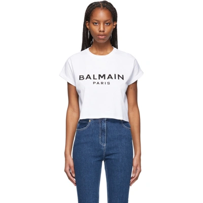 Balmain Cropped Printed Logo T-shirt In Gab Blanc/noir