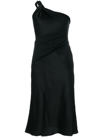 Versace One-shoulder Gathered Satin And Crepe Midi Dress In Navy