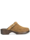 Re/done 70s Classic Suede Buckle Clogs In Tan Olive