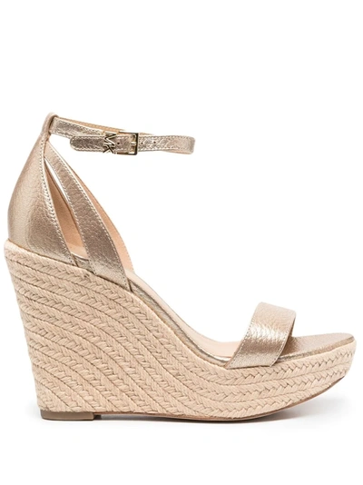 Michael Michael Kors Kimberly Metallic Leather Platform Wedge Sandals In Pale Gold