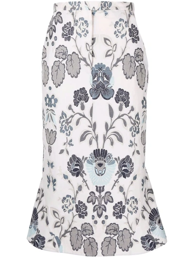Erdem Felton Embroidered Floral Midi Skirt In White Blue