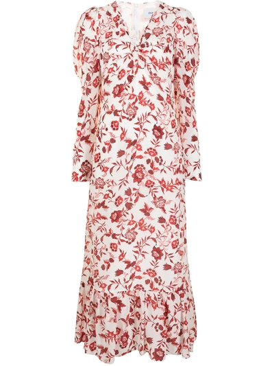 Erdem Elenora Floral Puff-sleeve Dress In White Red