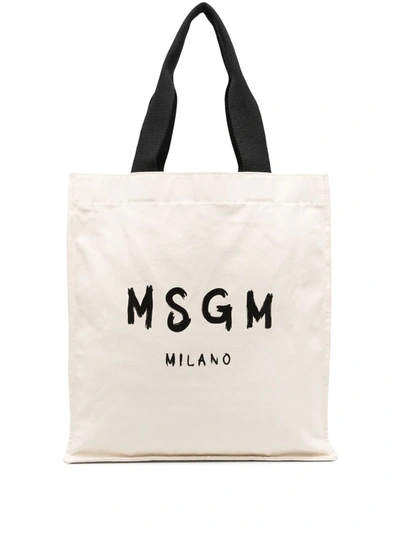 Msgm Logo-print Cotton Tote Bag In Beige
