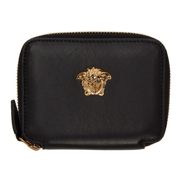 Versace La Medusa Zip Around Leather Card Wallet In Black- Gold 