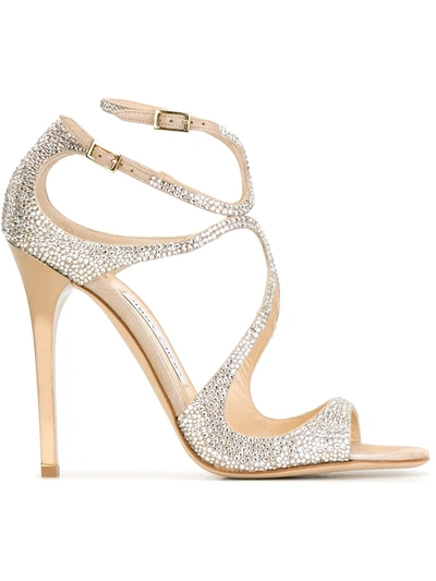 Jimmy Choo Memento Lang Crystal-embellished Metallic Suede Sandals In Nude/crystal