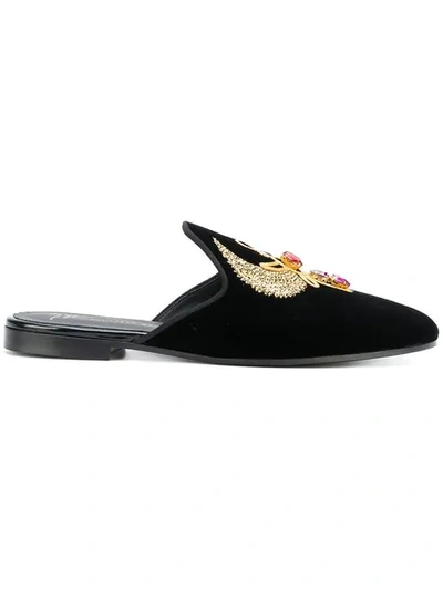 Giuseppe Zanotti 10mm Embellished Velvet Flat Mules In Black