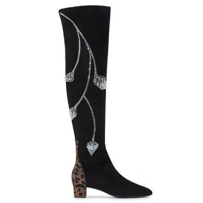 Giuseppe Zanotti - 30 Mm Black Suede Cuissard Boot With Floral Motif Crystal Pretty