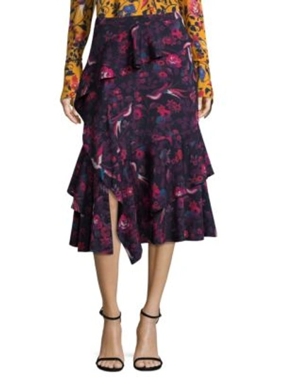 Tanya Taylor Aurelia Kimono Floral Skirt In Navy Raspberry