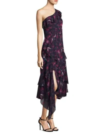 Tanya Taylor Women's Isua Floral Ruffled Silk Midi Dress In Navy Raspberry