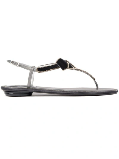 René Caovilla Bow Embellished Flat Sandals In Dark Grey