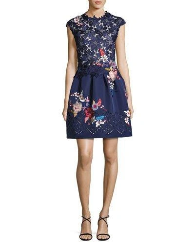 Monique Lhuillier Embroidered Floral Lace Fit & Flare Dress, Navy