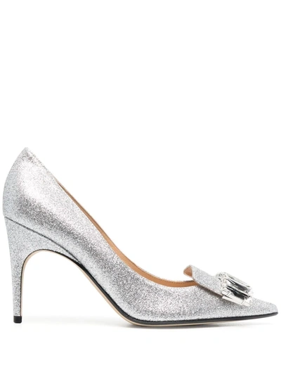 Sergio Rossi Crystal-embellished Glittered Leather Pumps In Silver