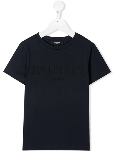 Balmain Teen Logo Print Round Neck T-shirt In Blue