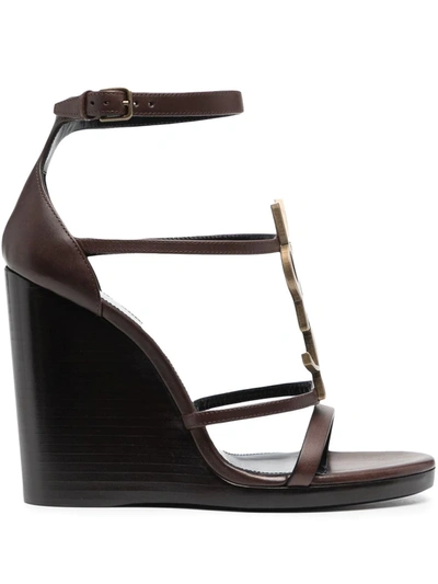 Saint Laurent Cassandra Leather Ysl Wedge Sandals In Brown