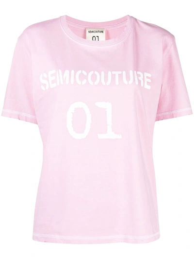 Semicouture Cotton T-shirt With Logo Print In Pink