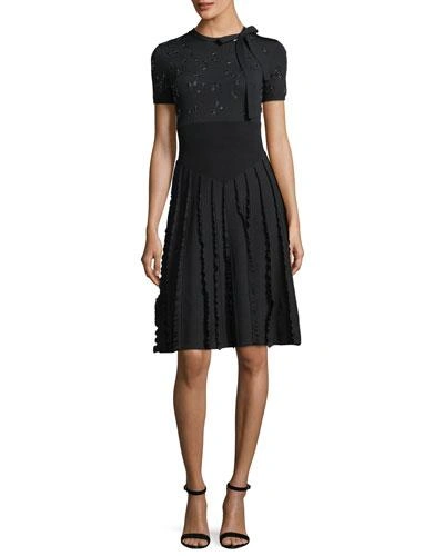 Valentino Embroidered Short-sleeve Knit Dress In Black