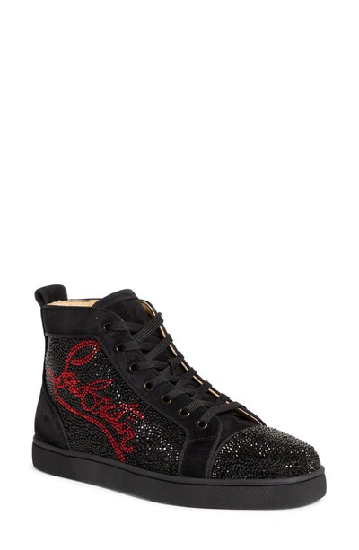 Christian Louboutin Men's Louis Logo Strass Suede High-top Sneakers In Black/indiam Siam
