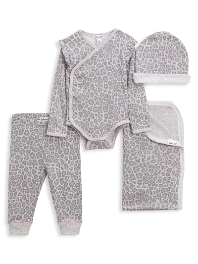 Splendid Babies' Leopard Print Bodysuit, Leggings, Beanie & Blanket Set In Grey