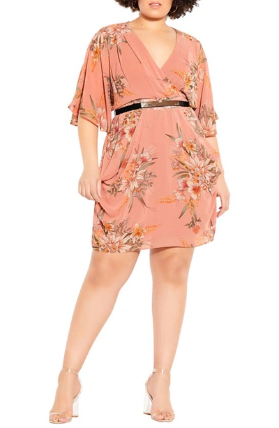 City Chic Floral Print Faux Wrap Dress In Gypsy Guava Fl