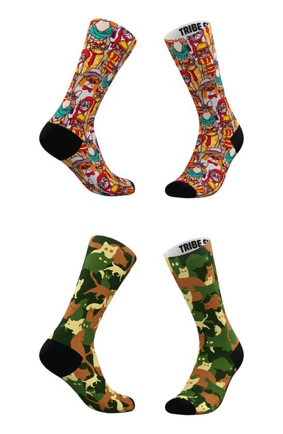 Tribe Socks Assorted 2-pack Hipster Cats & Classic Camo Cats Crew Socks In Assorted Pre-pack