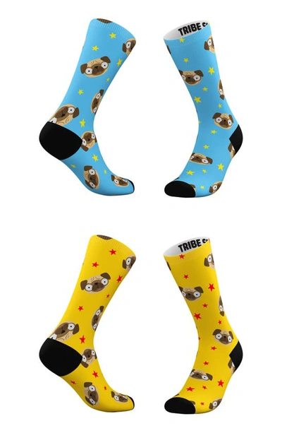 Tribe Socks Assorted 2-pack Blue & Yellow Pug Emoji Crew Socks In Assorted Pre-pack