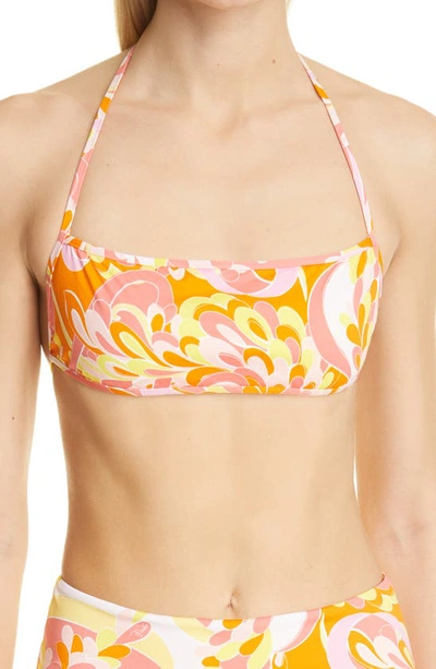 Emilio Pucci Lily Print Halter Bandeau Bikini Top In 064 Coral Yellow