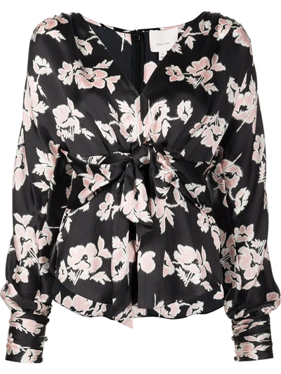 Cinq À Sept Yesenia Floral Textured Tie Front Silk Blouse In Black